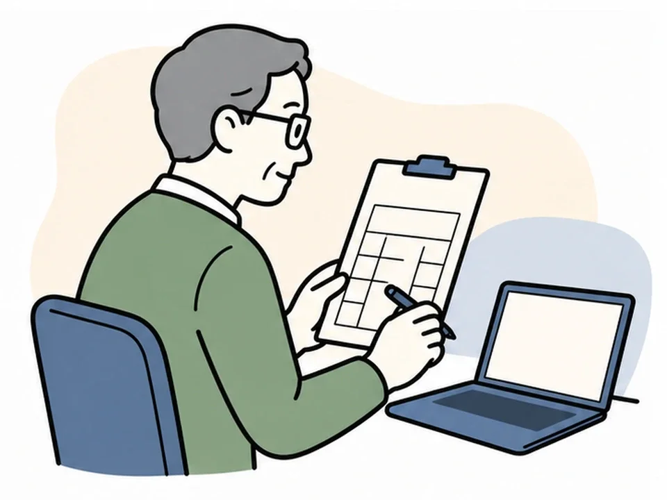 パソコンと資料で業務の進め方を整理するイラスト