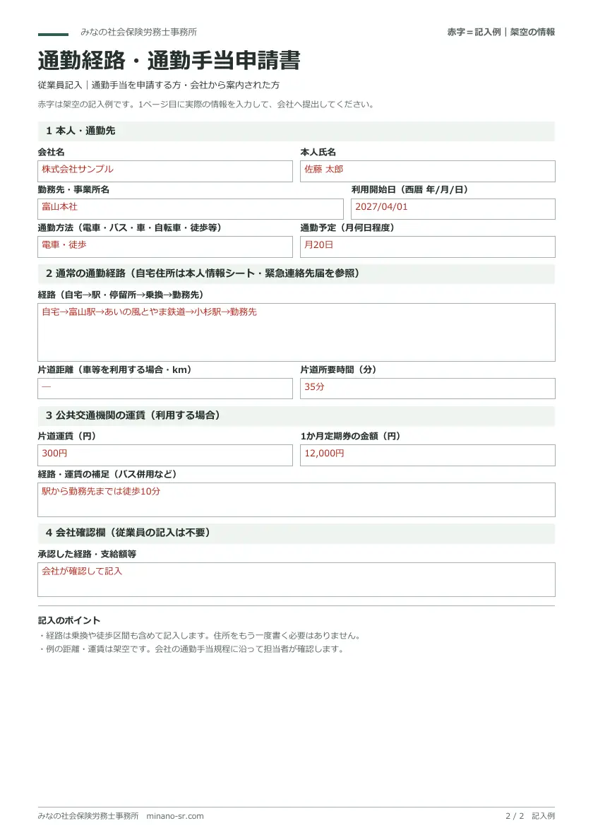 通勤方法・経路・運賃・定期代の欄がある通勤経路・通勤手当申請書の赤字の架空記入例