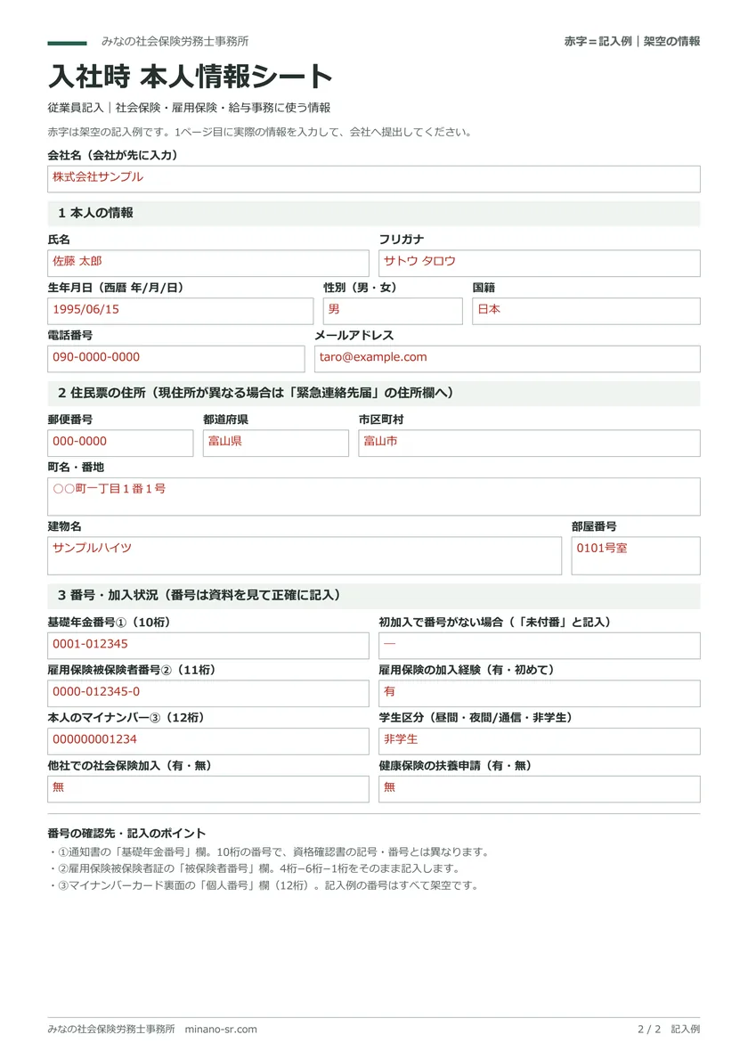 氏名・住民票の住所・基礎年金番号・雇用保険番号・マイナンバーの欄がある本人情報シートの赤字の架空記入例