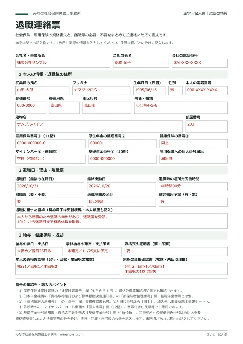 退職日・退職理由・離職票の希望・回収書類の欄がある退職連絡票の赤字記入例